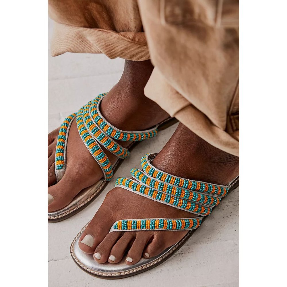 FREE PEOPLE Beatrice Beaded Flat Sandals / Platino Combo